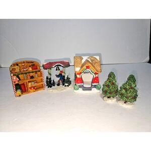 Christmas Village Doll Maker Boy In Gazebo Poinsettia Gazebo 2 Trees 5 Pieces!